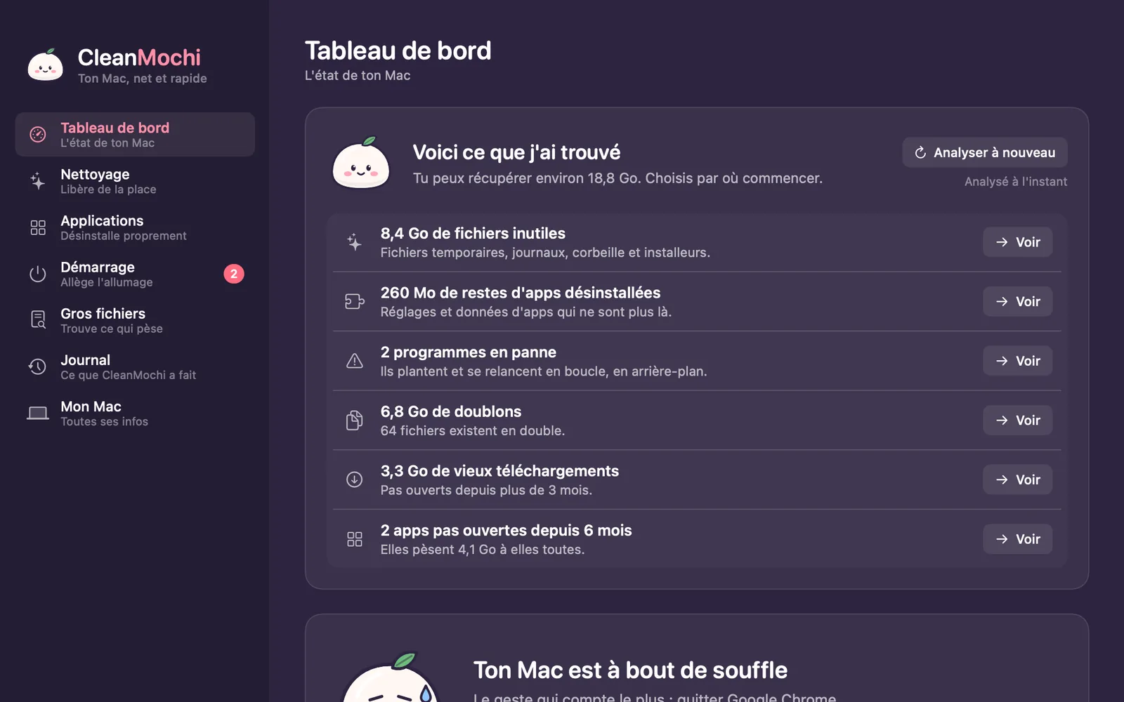 Tableau de bord de CleanMochi : 18,8 Go à récupérer, avec la liste des fichiers inutiles, des doublons et des vieux téléchargements.